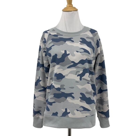 Old Navy Sweatshirt Womens XS Extra Small Gray Blue Camo Vintage Crew Neck - Picture 1 of 12